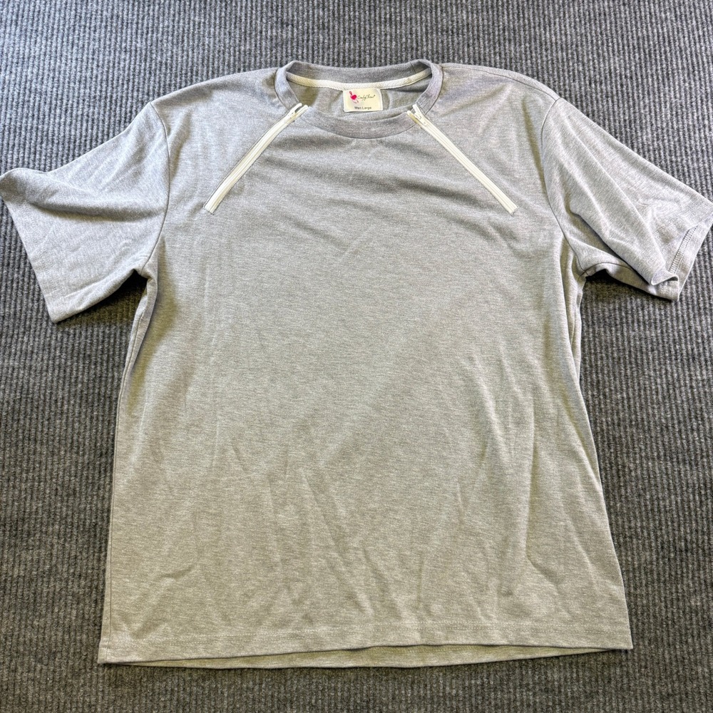 ComfyChemo Medical Port Access Shirt Men Large Gray Cotton Blend Dual Zipper Tee